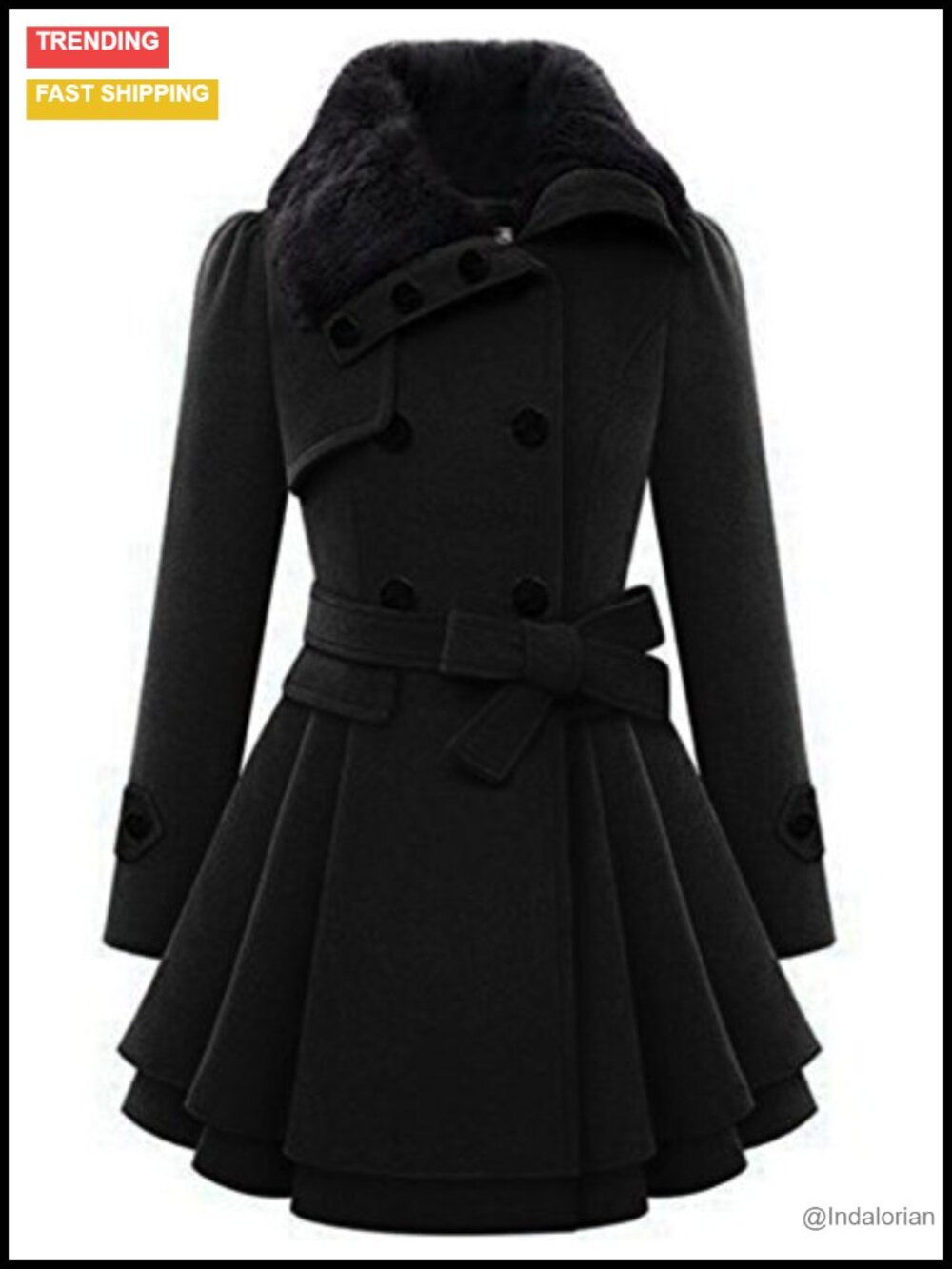 Faux Fur Lapel Double-Breasted Wool Trench Coat Winter Warm Jacket